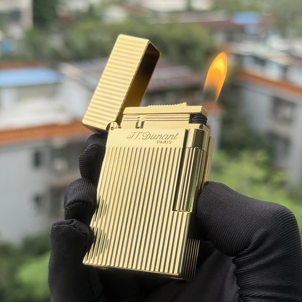 Brass Vertical Pattern Gas Lighter, Ping Sound Soft Flame Refillable Butane Vintage Lighter for Men Cigarette Cigar