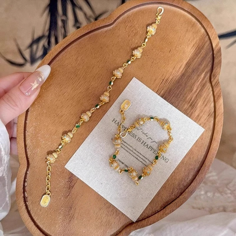 

Chinese Classical Style Chinese Characters Peace and Joy Gourd Shaped Copper Gold-plated Lucky Women's Bracelet Vintage Jewelry