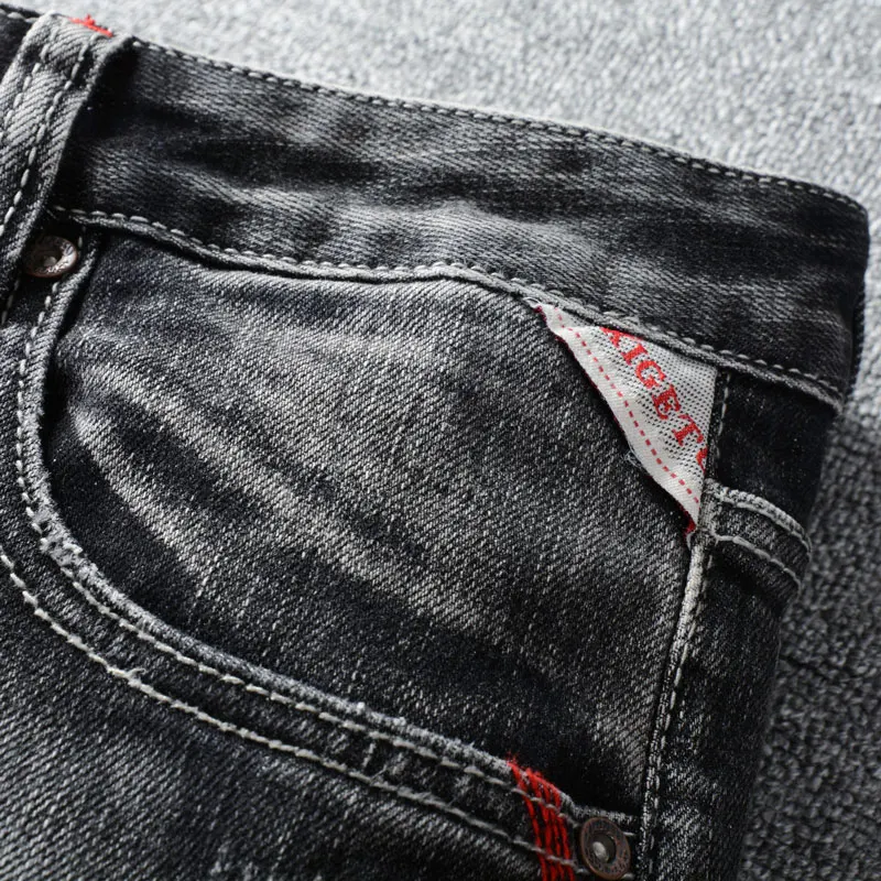 Fashion Designer Men Jeans Retro Black Gray Elastic Slim Ripped Jeans Men Trendy Trousers Embroidery Vintage Denim Pants Hombre