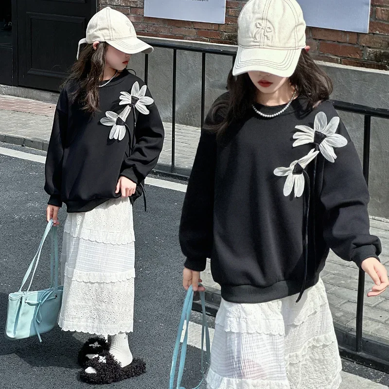 Girls' three-dimensional flower round neck sweatshirt 2024 new versatile loose outer autumn pullover