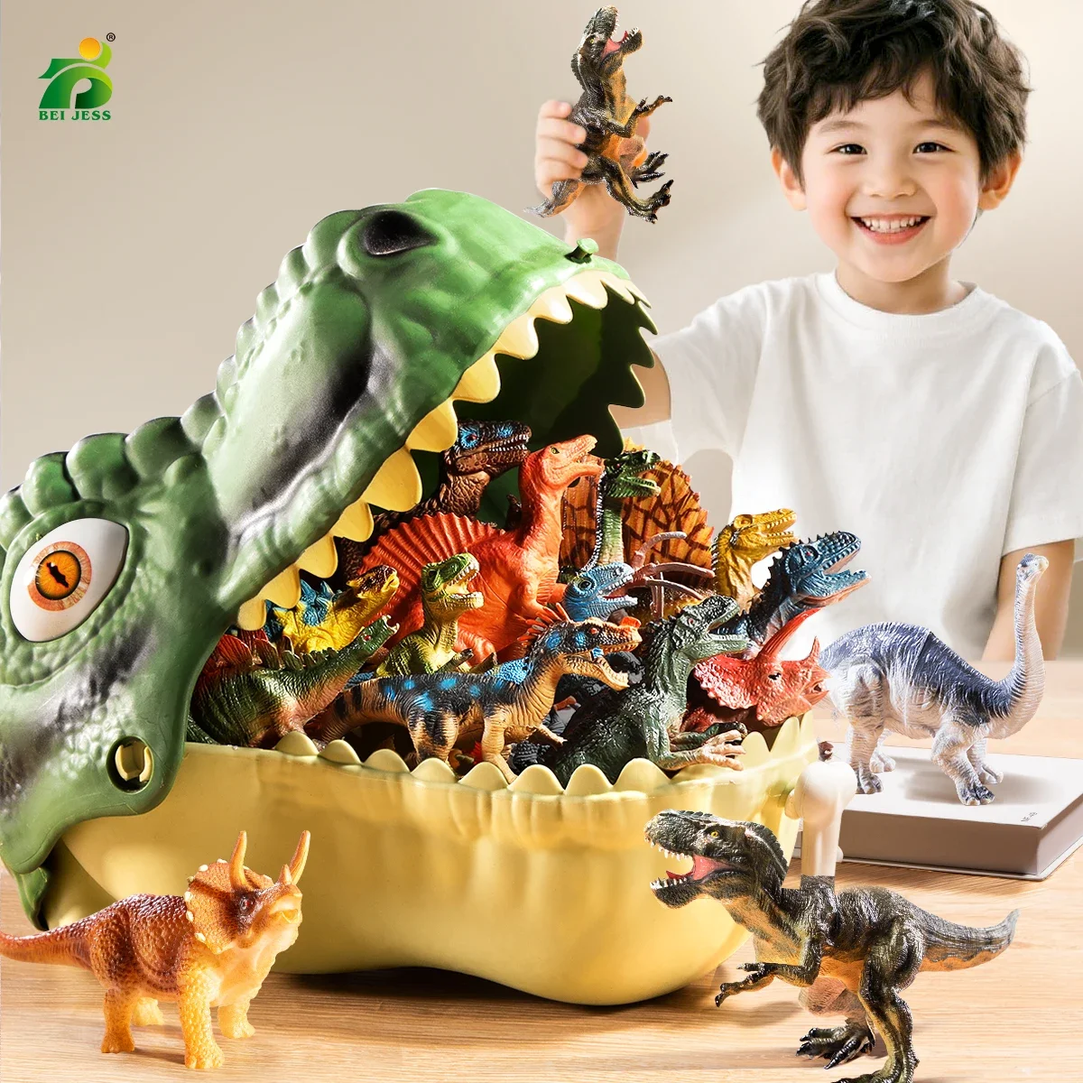Dinosaur Toys Set with Dinosaur Mouth Storage Container, Multiple Realistic Dinosaur Figures Kids Play Toy Gift