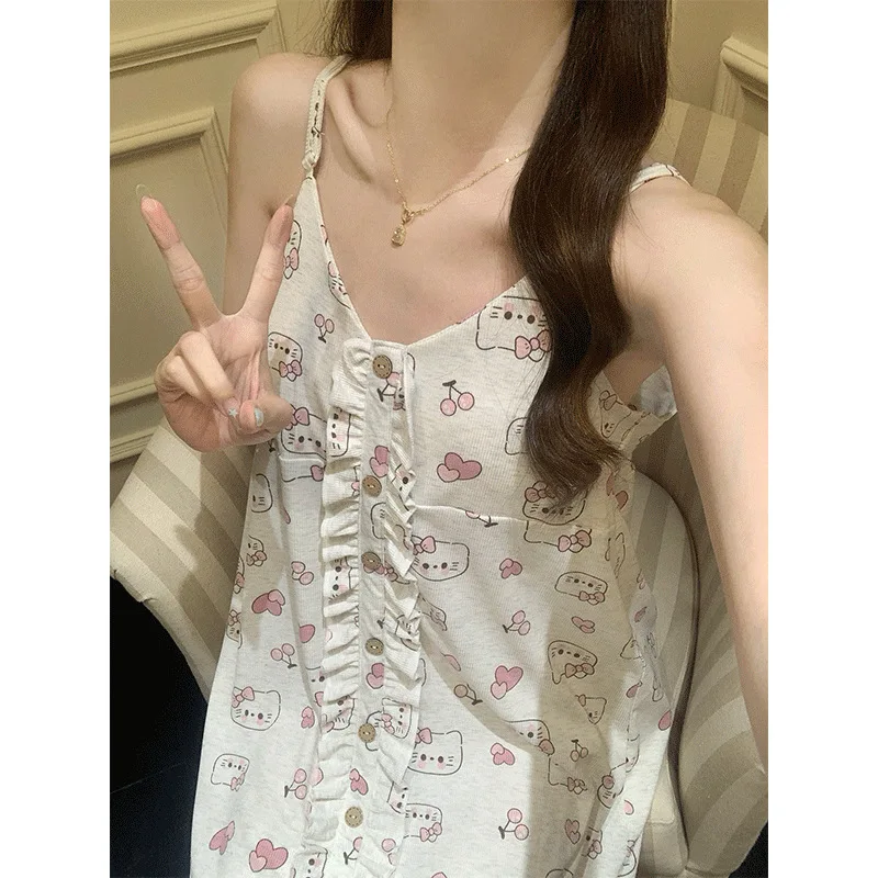 Kittys منامة دعوى سانريو Kawaii منامة فتاة طالب الصيف وسادة الصدر الحرير الجليد الحمالة سترة لطيف رقيقة ملابس المنزل