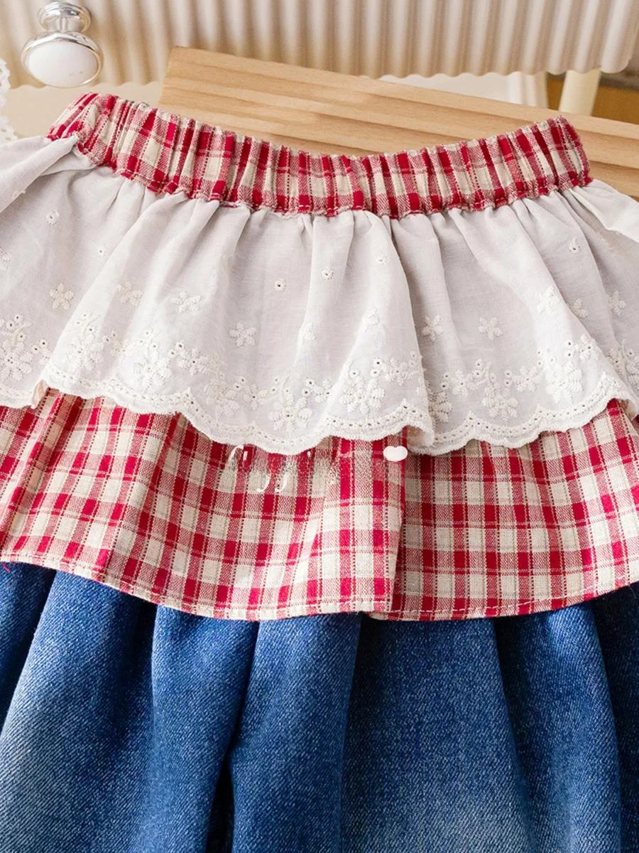 Mädchen Gefütterte Jeanshose Winter Neue Karierte Hose mit Spitzenbesatz Lässige Hose Baby Winter Urlaub Zweiteiliges Set Lange Hose