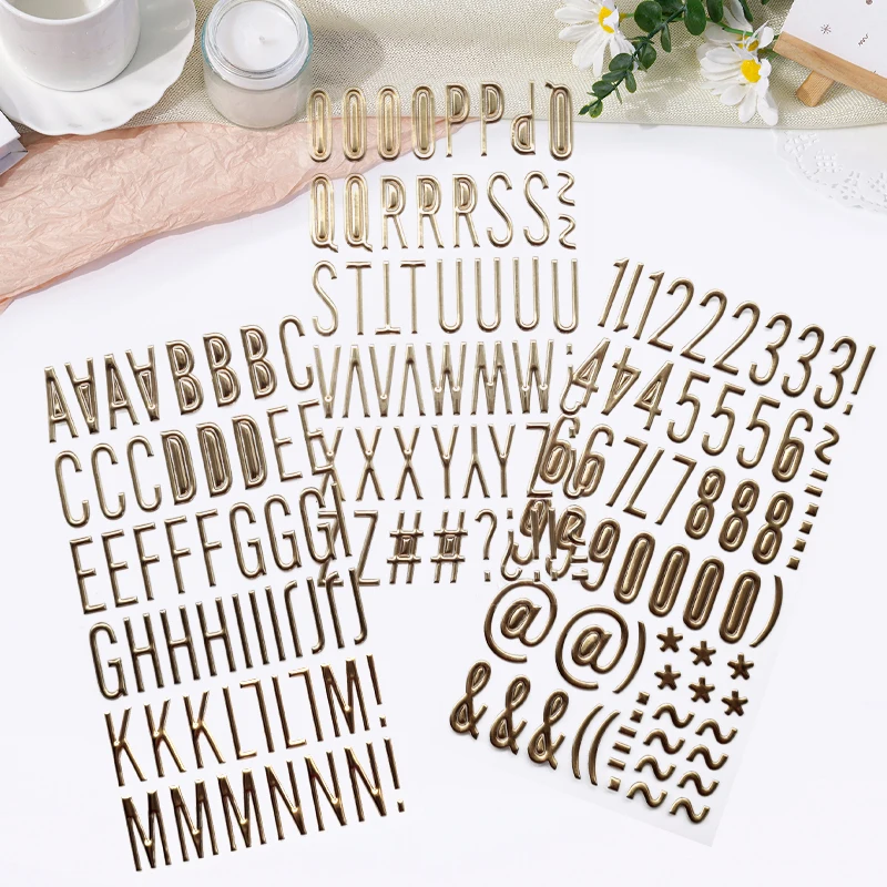 3 Sheets 3D Gold Puffy Letter Number Stickers DIY Decoration Greeting Card Crafts Scrapbook Self-Adhesive Gold Glittering Decals