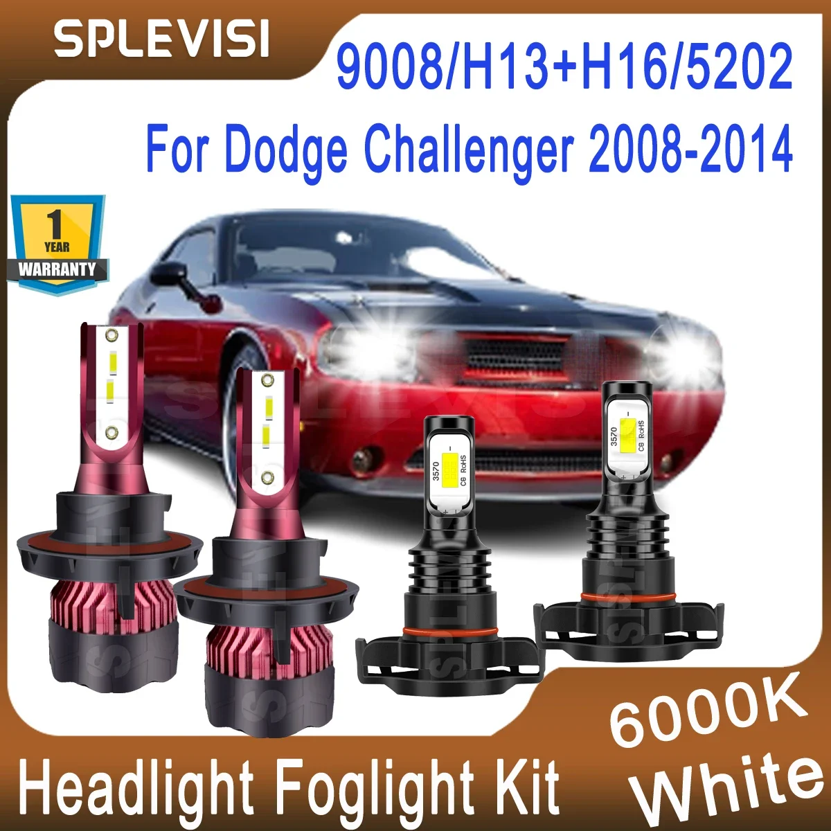 

Upgrade 6000K White For Dodge Challenger 2008 2009 2010 2011 2012 2013 2014 LED Headlight Hi Low Beam 9008/H13 Foglamp H16/5202