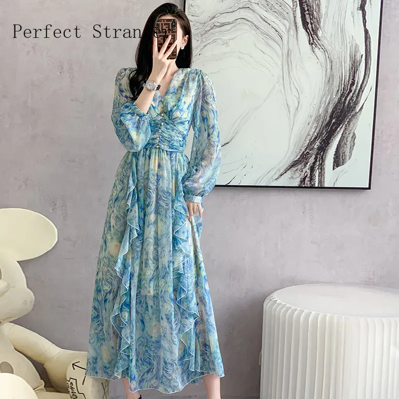 Imagem -04 - Vestido Maxi Floral de Chiffon Feminino Manga Comprida Decote em v Bodycon Elegante Festa Vintage Vestido Midi Primavera Outono Novo 2023