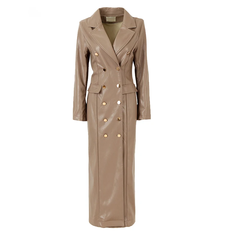 Lautaro Spring Autumn Extra Long Black Faux Leather Trench Coat for Women Double Breasted Luxury Elegant British Fashion 2022