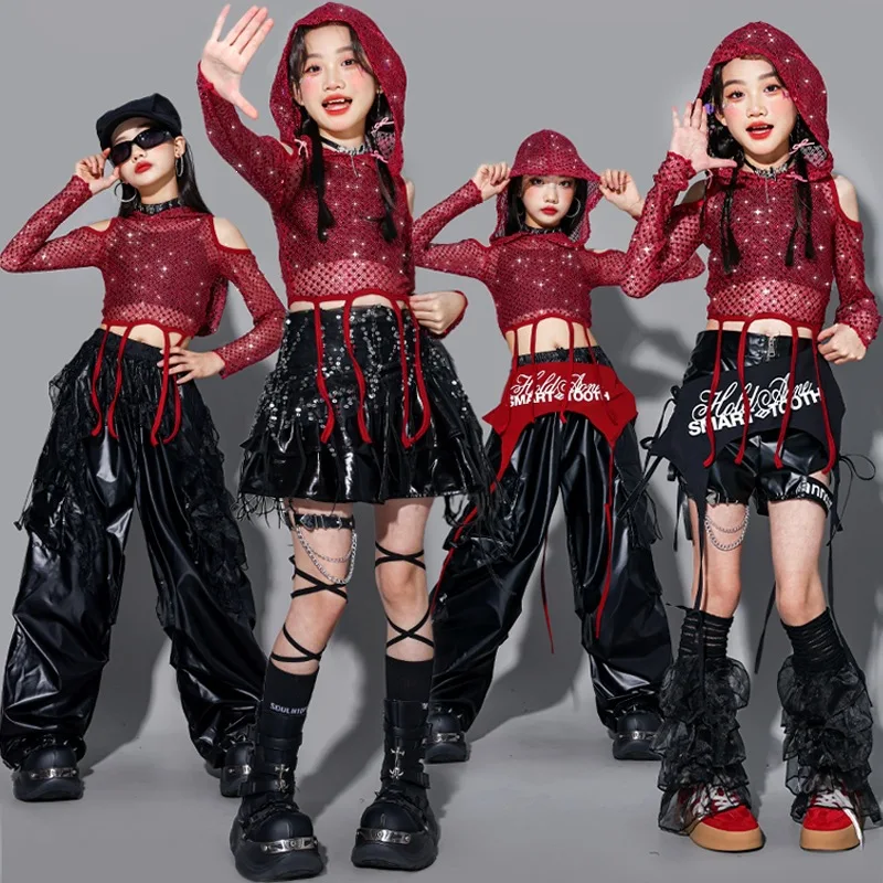 Girls K-pop Sequin Shiny Crop Hoodies Cargo Pants Child Street Dance Skirts Kids Hip Hop Streetwear Jazz Girl Group Clothes Sets