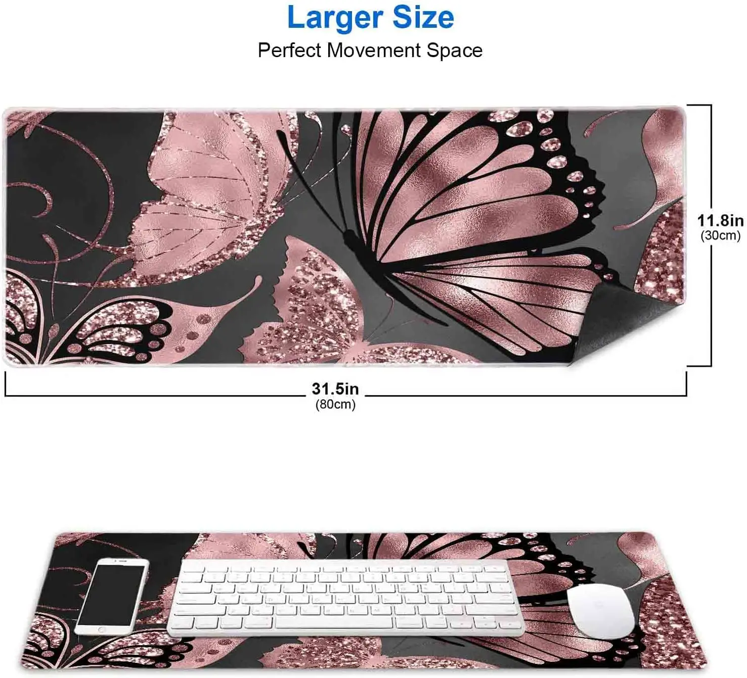 Gaming Mouse Pad for Women Large Non-Slip Rubber Base Mousepad Mouse Mat Desk 31.5x11.8 Inch - Rose Gold Glitter Foil Butterfly