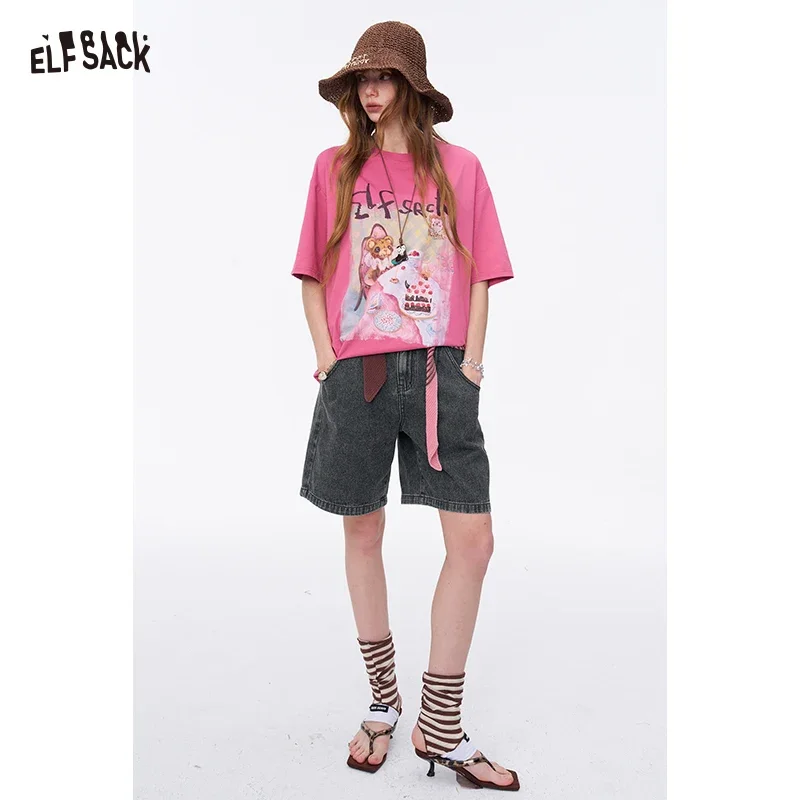ELFSACK Retro Straight Leg Denim Shorts with Crochet Waist Detail High Waist Jorts for Summer Casual Knee Length Jeans