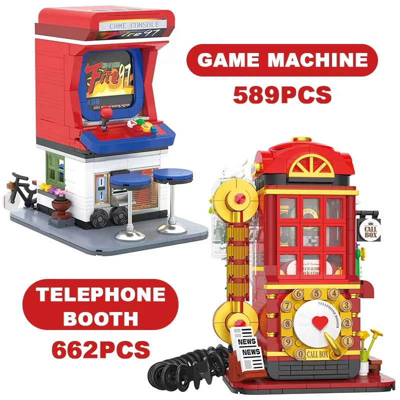 

Mini Retro Arcade & Telephone Booth Building Set, Classic Street Scene Desktop Decor Model, Nostalgic Gift for Adults & Kids