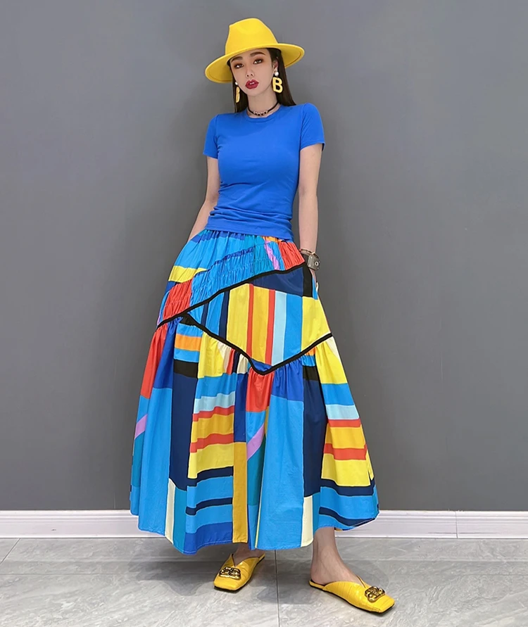 Elastic Waist A-Line New 2023 Summer Korean Style Woman Long Blue Printed Skirt Pockets Loose Fit Casual Holiday Skirt JJSK031