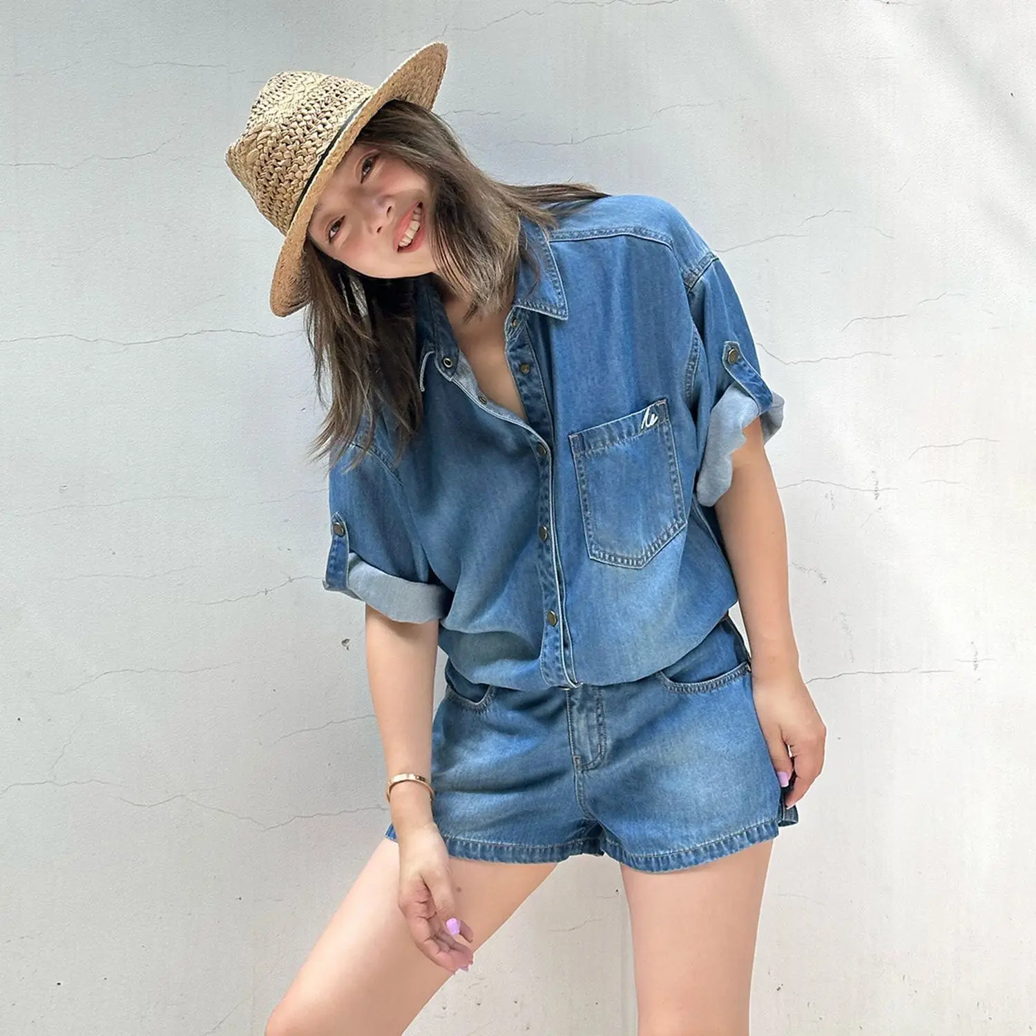 High End Commuting Casual Denim Suit For Women'S Summer Age Reduction Short Sleeved Shirt Paired With Shorts Two-Piece Set