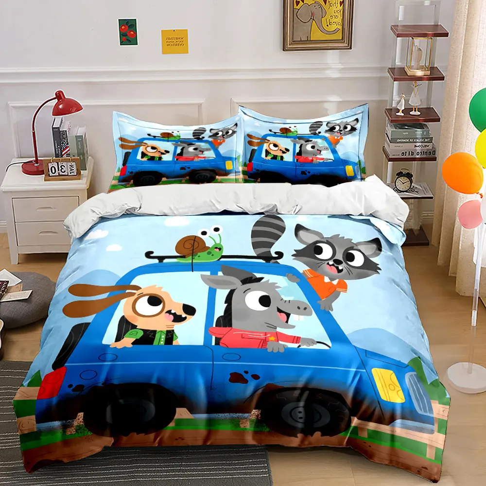 Animal friends driving blue muddy car Print Soft Comfortable Duvet Cover Bedding Set Included 1*Duvet Cover  2*Pillowcases