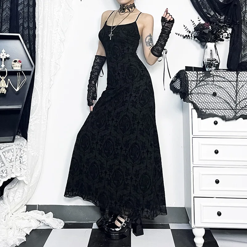 Goth Dark Cross Flocking Mall Gothic Aesthetic Dresses Grunge Punk Mesh Elegant Party Long Dress Sling Slim Sexy Emo Alt Outfits