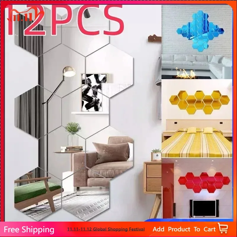 

12Pcs Hexagon Acrylic Mirror Wall Stickers Home Decor DIY Removable Mirror Sticker Living-Room Decal Art Ornaments For mirror