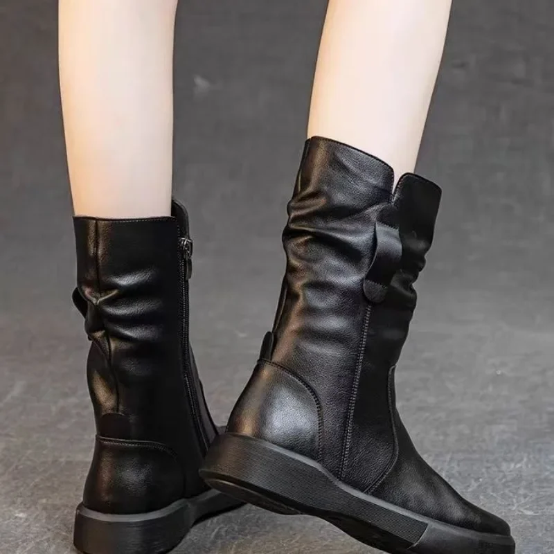 Platform Ladies Mid Calf Shoes Leather Brown Women's Half High Boots 2024 New on Offer Winter Novelty Large Size Warm Waterproof image 2