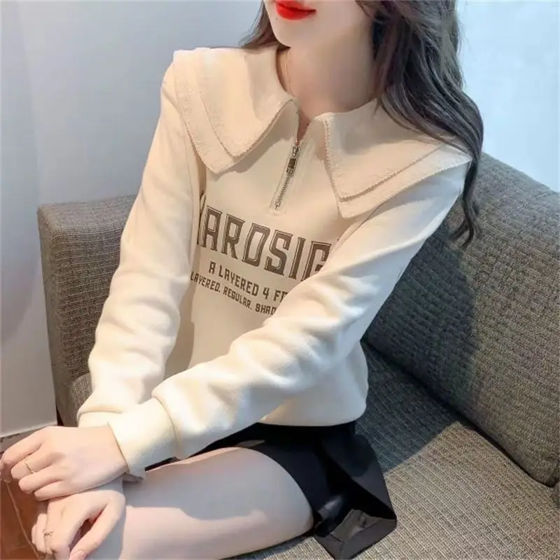 Sweet Peter Pan Collar Zipper Letter Sweatshirts Female Clothing 2023 Autumn New Oversized Casual Pullovers All-match Sweatshirt