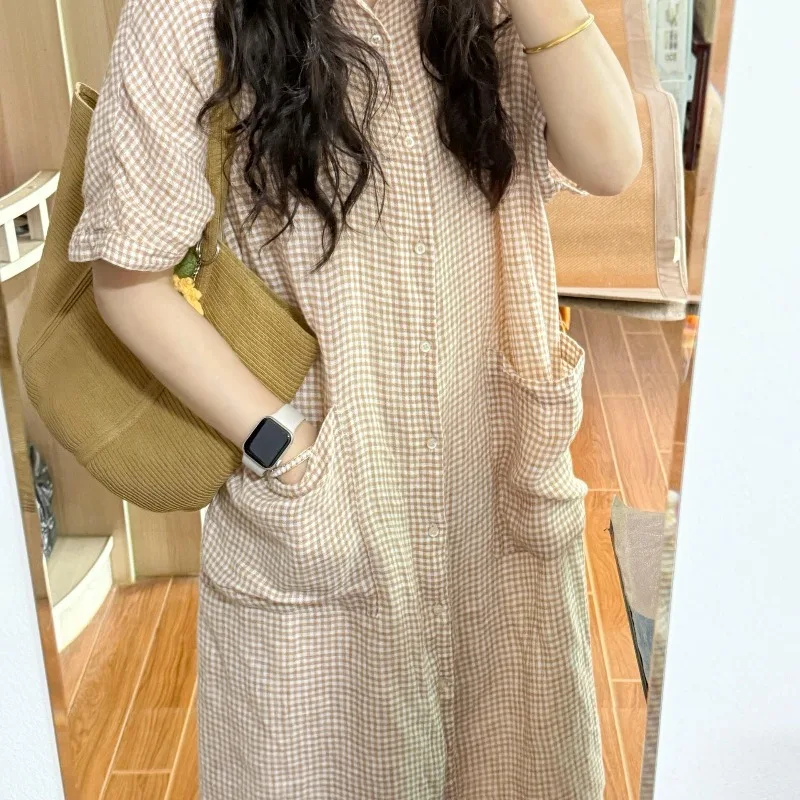 Cotton and Linen Short-sleeved Nightdress Women's Summer New Lapel Shirt Dress Loose Large Size Home Skirt Can Be Worn Outside