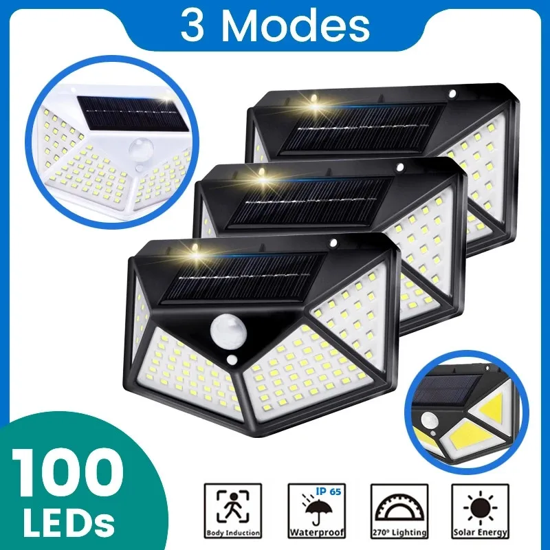 

Solar Lights Outdoor 100LED Solar Lights PIR Motion Sensor IP65 Waterproof Outdoor 3 Modes LED Wall Light