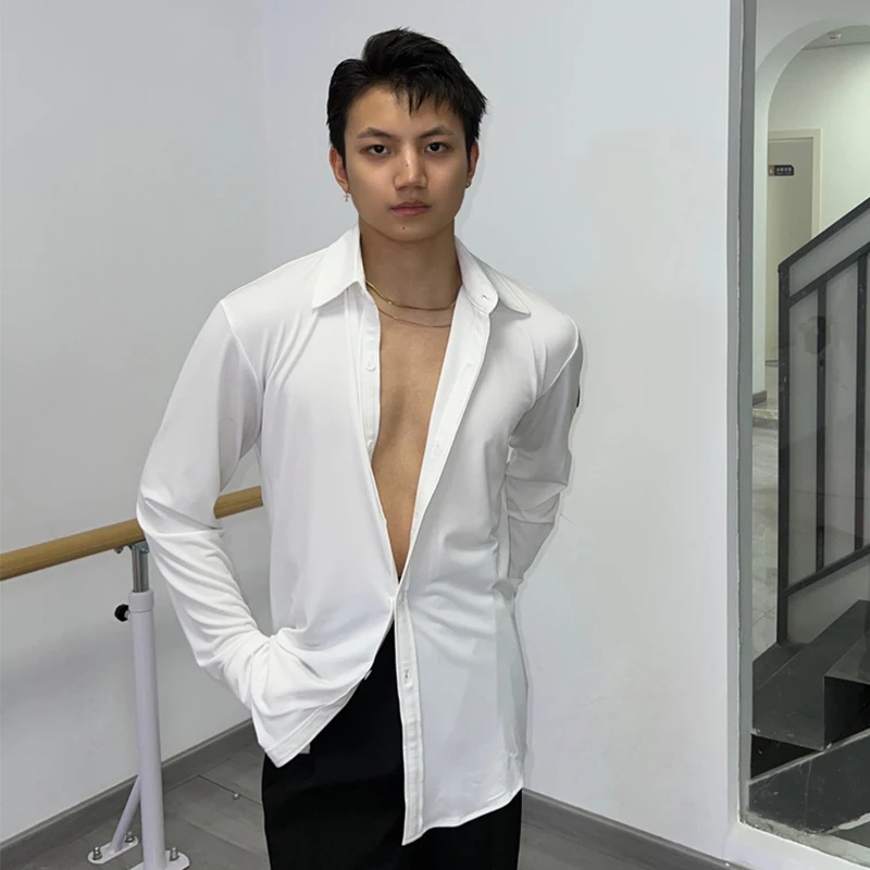 Weiß Latin Dance Top Für Männer Langarm Leistung Hemd Erwachsene Tango Rumba Tanz Kostüme Männlich Latin Praxis Kleidung VDL4090