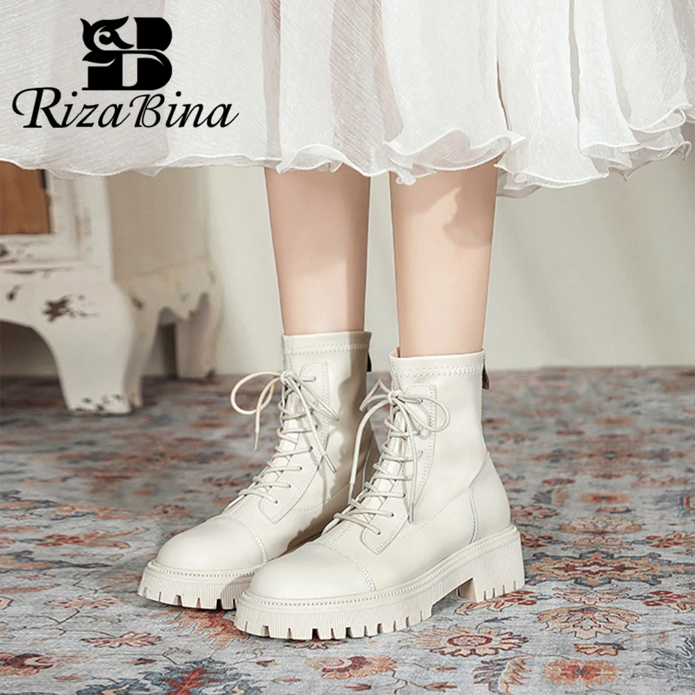 RIZABINA Casual Ankle Boots Zipper Chunky Heel Non-slip Motorcycle Solid Boots For Women Lace-up Round Toe Office Lady Shoes