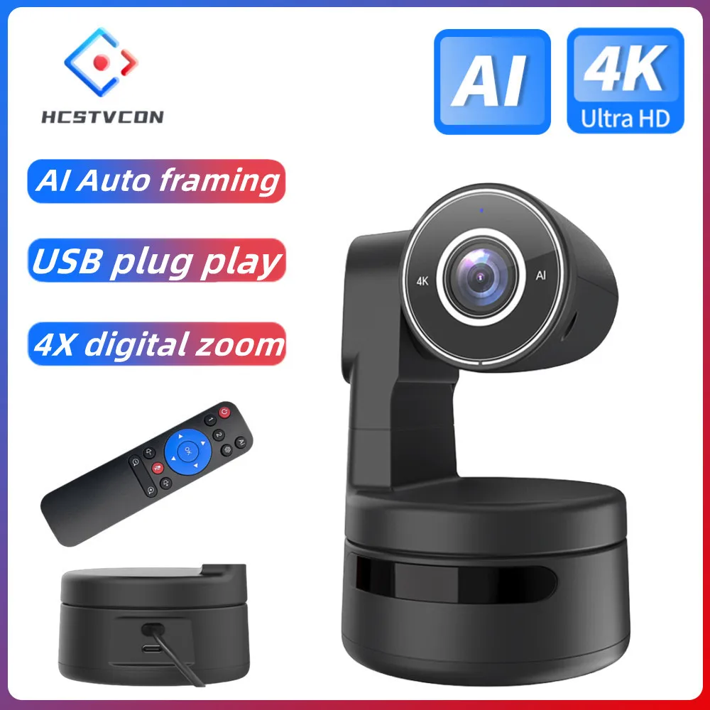 4K PTZ Webcam AI Function with Mics Camera 4X Digital Zoom Auto Track Focus for Youtube Living Stream Online Meet Video Camera