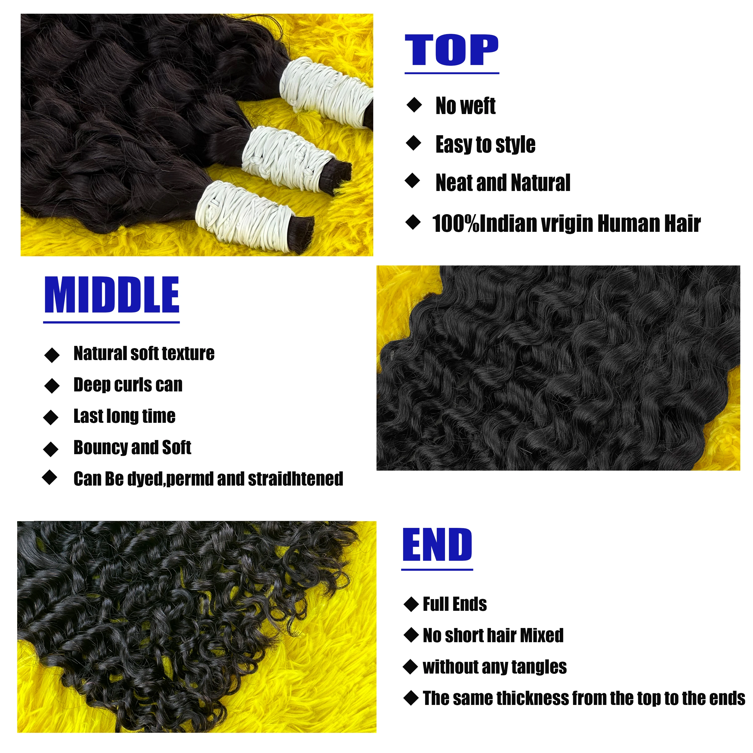 인모 땋기용 헤어 2묶음/팩 100g 18인치 내추럴 딥 웨이브 곱슬머리 벌크 100% 인모 땋기용 웨프트 없음 10A