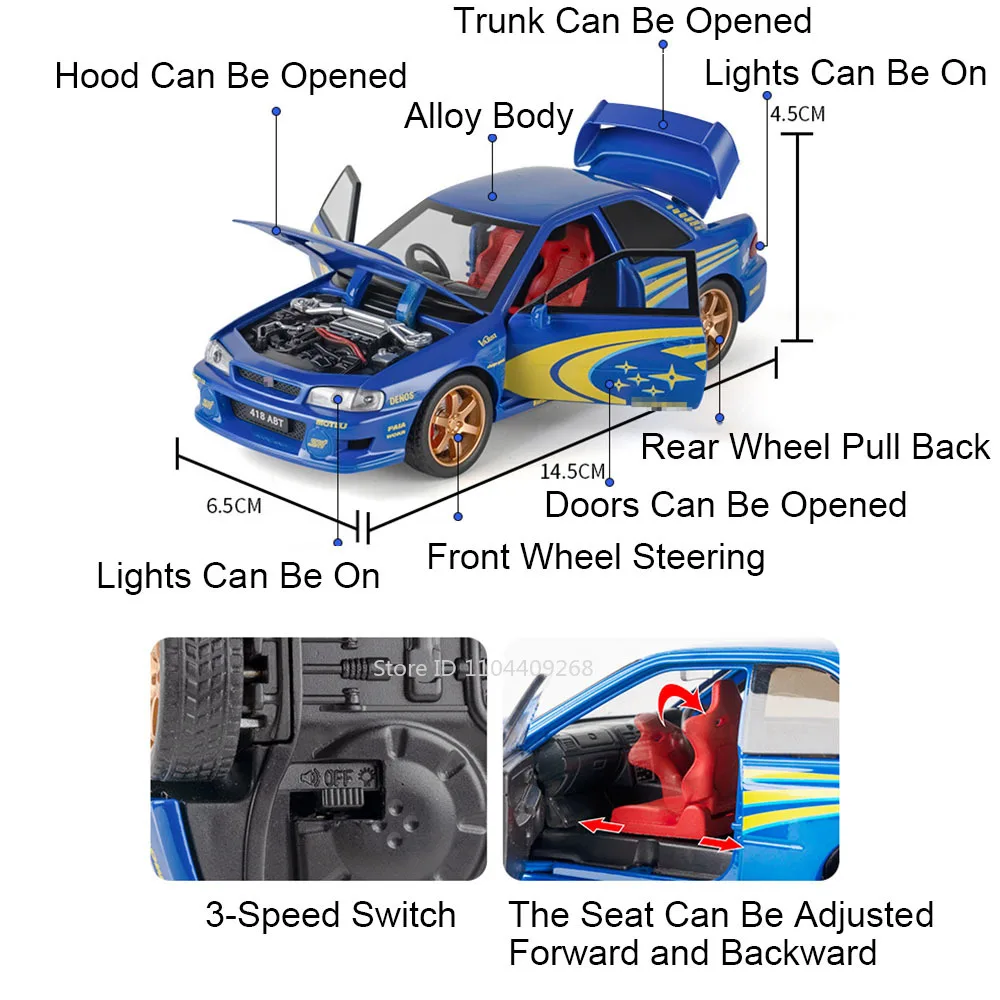 1:32 Subaru Impreza MITSUBISHI EVO 911GT3 Modello di auto Giocattolo Corpo in metallo Porte aperte Suono Luce Tirare indietro Modelli Migliori regali di compleanno