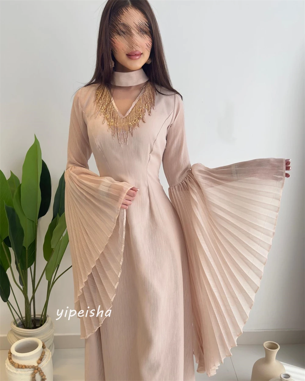 Chiffon Rüschen drapiert Quaste Strand A-Linie hohen Kragen maßge schneiderte Anlass Kleid Midi Kleider Abend Saudi-Arabien