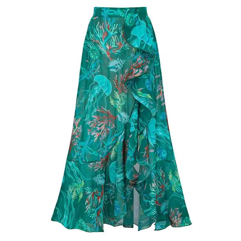 Flaxmaker 2026 Summer Sleeveless Vintage Printed Bikini Sets Reversible Mix and Match Marine Organism Bikini Swimsuit and Skirt