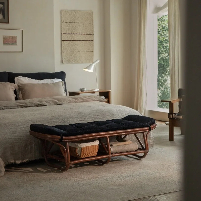 

Retro natural wabi-sabi wind, bench, bedside stool, living room rattan coffee table