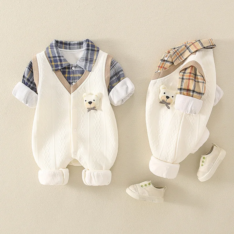 Spring Autumn Baby Bodysuit Gentleman Plaid Long Sleeve Jumpsuit Boy Shirt Patchwork Romper Newborn Crawling Clothes Overalls