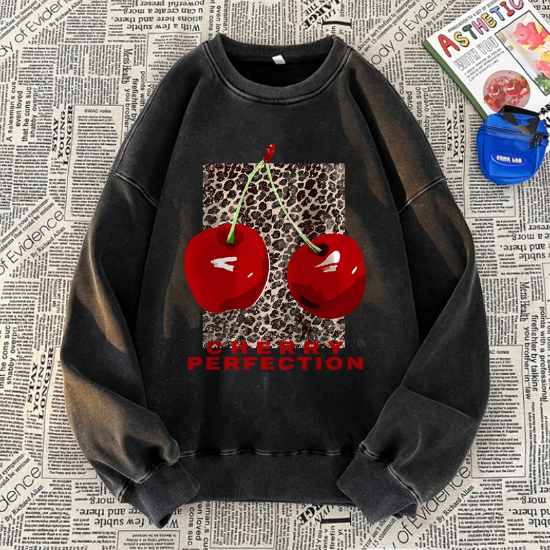 Leopard And Cherry Washed Sweatshirts Women Fresh Fruits Prints Pullover Oversized Crewneck Cotton Clothes Casual Woman Hoodies