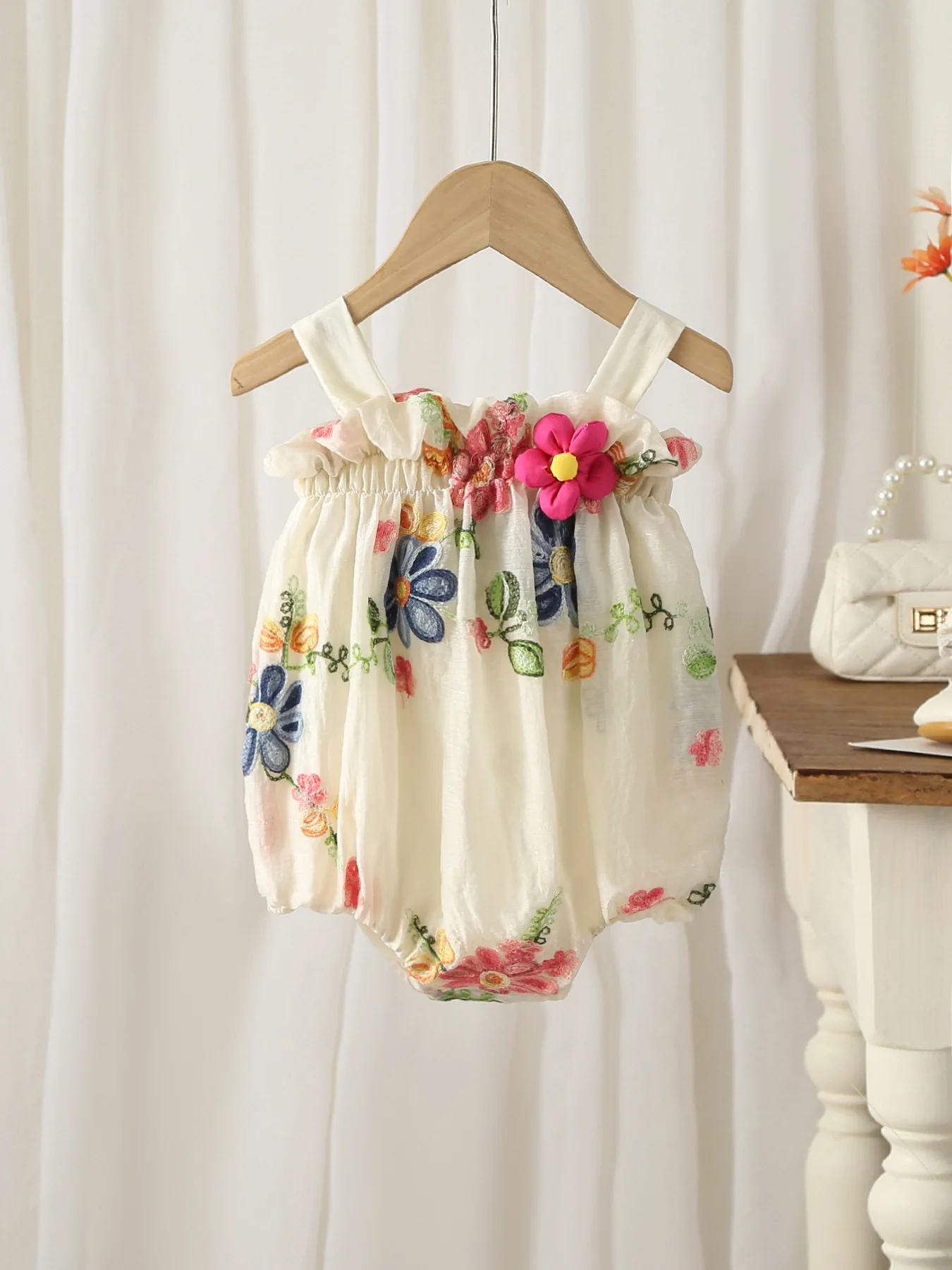 

Summer Sleeveless Princess Dress Bodysuit Baby Girl Breathable Fabric 3D Flower Ruffled Trim Beach Vacation