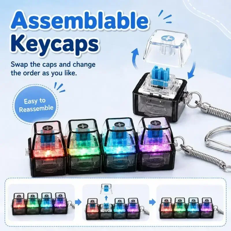 1-10pcs Light Up Keyboard Key Keychain Stress Relief Fidget Toy Clickable Button with LED Light