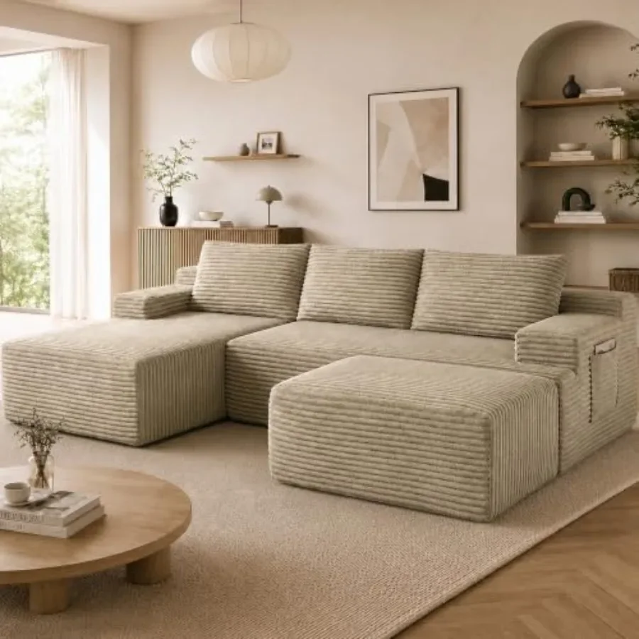 Living room modular U-shaped boneless couch with deep seat, fluffy corduroy upholstery, beige color, ultra-comfortable cloud-li