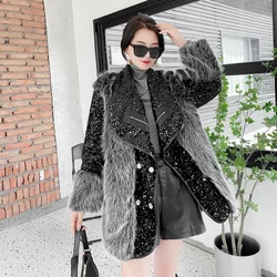 Fashion Sequin Stitching Imitation Rabbit Fur Coat Women Autumn Winter New Casual Loose Jacket Thick Warm Mid-length Outwear