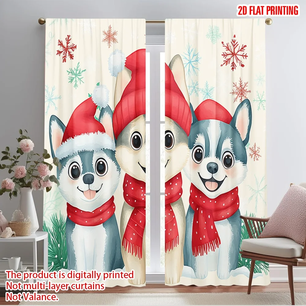 2pcs,2D plane printing Curtain Popular Cute Christmas Puppies Snowflakes Festive (3) Versatile Polyester Fabric (without rod)