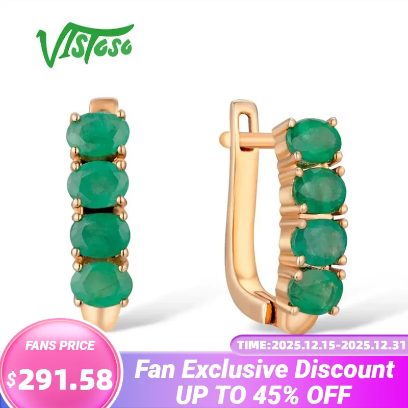 

VISTOSO Gold Earrings For Women 14K 585 Rose Gold Glamorous Elegant Emerald Stunning Luxury Stud Earrings Party Fine Jewelry