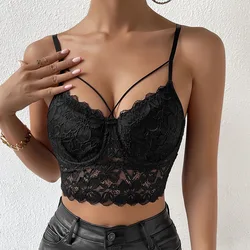 Vegina Black Sexy Lace ricamo scava fuori Crop Top Slim Halter Lnner canotta INS Mesh See Through Vest Fashion VNeck corsetto