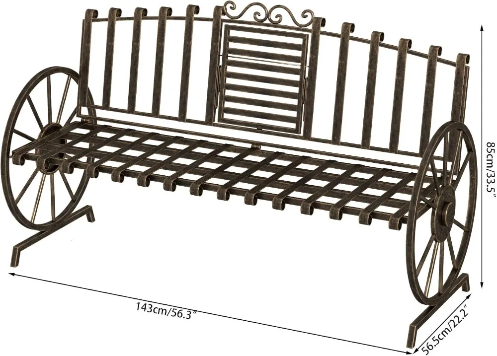 3 People Outdoor Bench Built-in Table, Wagon Wheel Arms Patio Lawn Yard Park