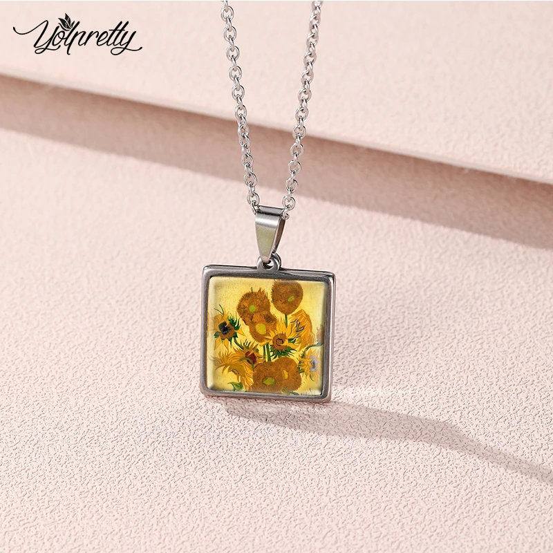 2023 New Van Gogh Starry Night Art Paintings Square Stainless Steel Necklace Glass Cabochon Pendants Necklace Jewelry