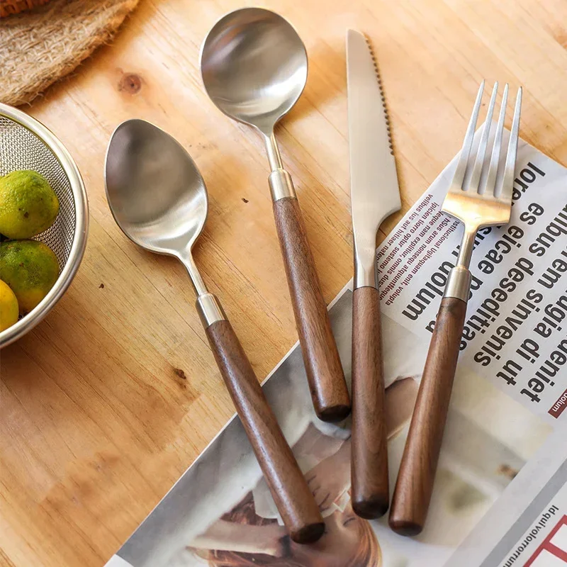 4PCS Walnut Wood Handle Cutlery Set Stainless Steel Knives Forks Spoons Tableware Set Matte Brushed Kitchen Flatware Set