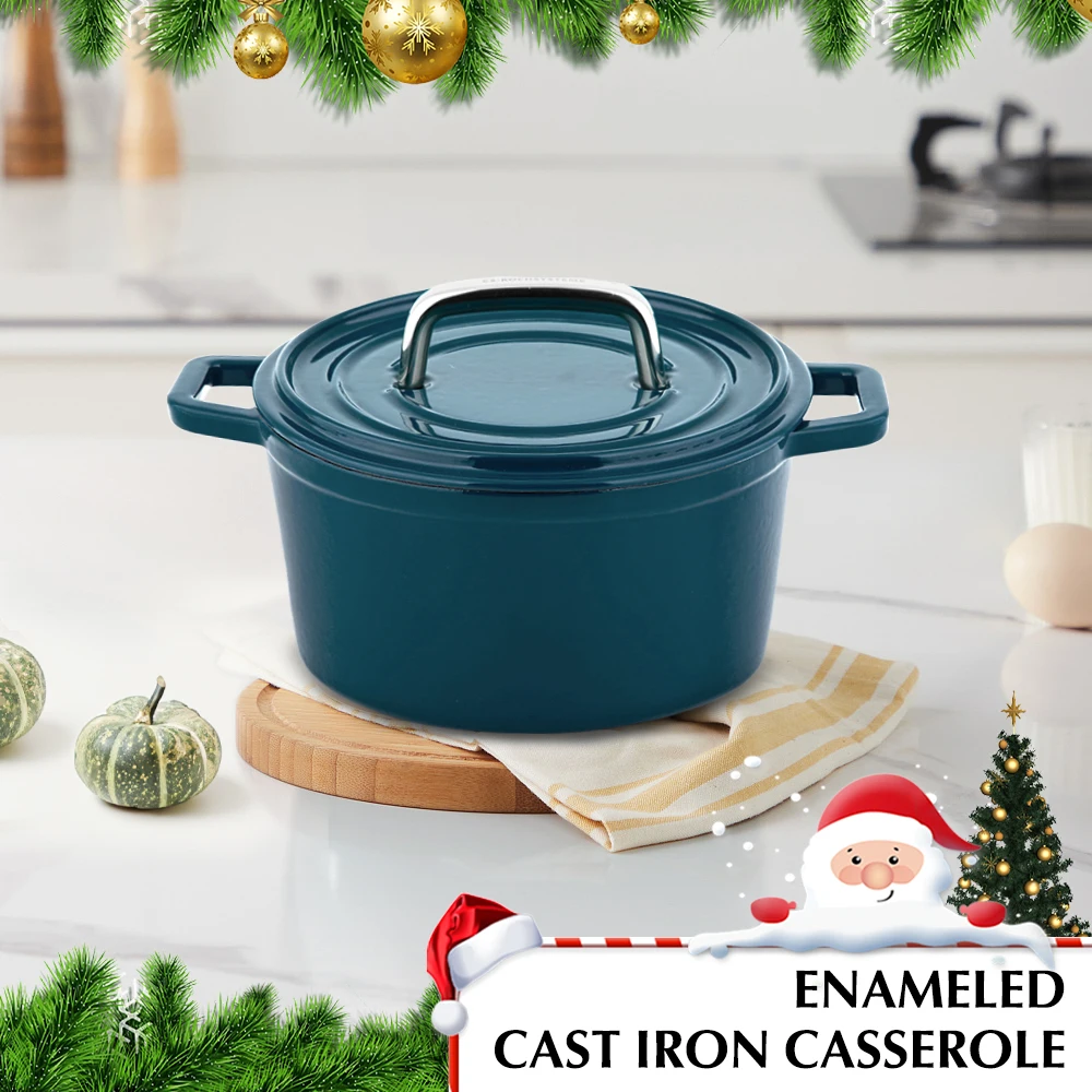 Cast Iron Dutch Oven, 20cm Iron Casserole Stock Pot With Lid, Blue Enamel Soup Pot for Kitchen Baking Braising Roasting