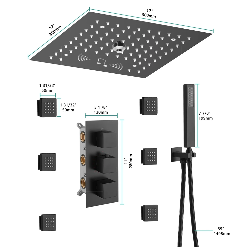 4 وظيفة صنبور أسود LED مجموعة صنبور دش ثرموستاتي #4
