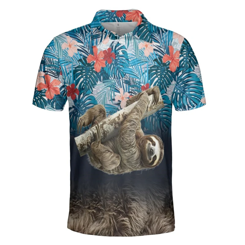 Cute Sloth 3D Printed Polo Shirt For Men Children Cartoon Animal Pattern Short Sleeves Lapel Tees Casual Street Button Shirts