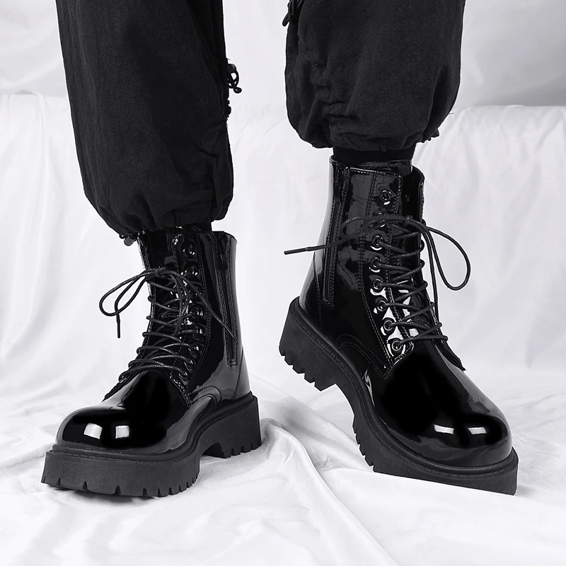 Winter New Leather Men\'s Boots Black Fashion Motorcycle Boots Platform All-match Outdoor Boots Zapatos Para Hombres Male Boats