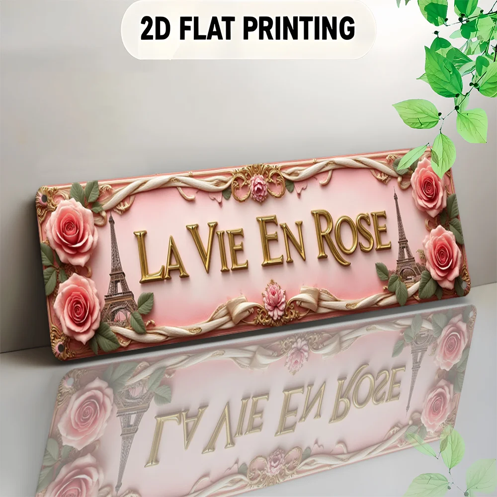 French Paris-Themed Large Vintage French Lettering Metal Wall Sign - Eiffel Tower & Roses Golden Lettering, French Phrase 