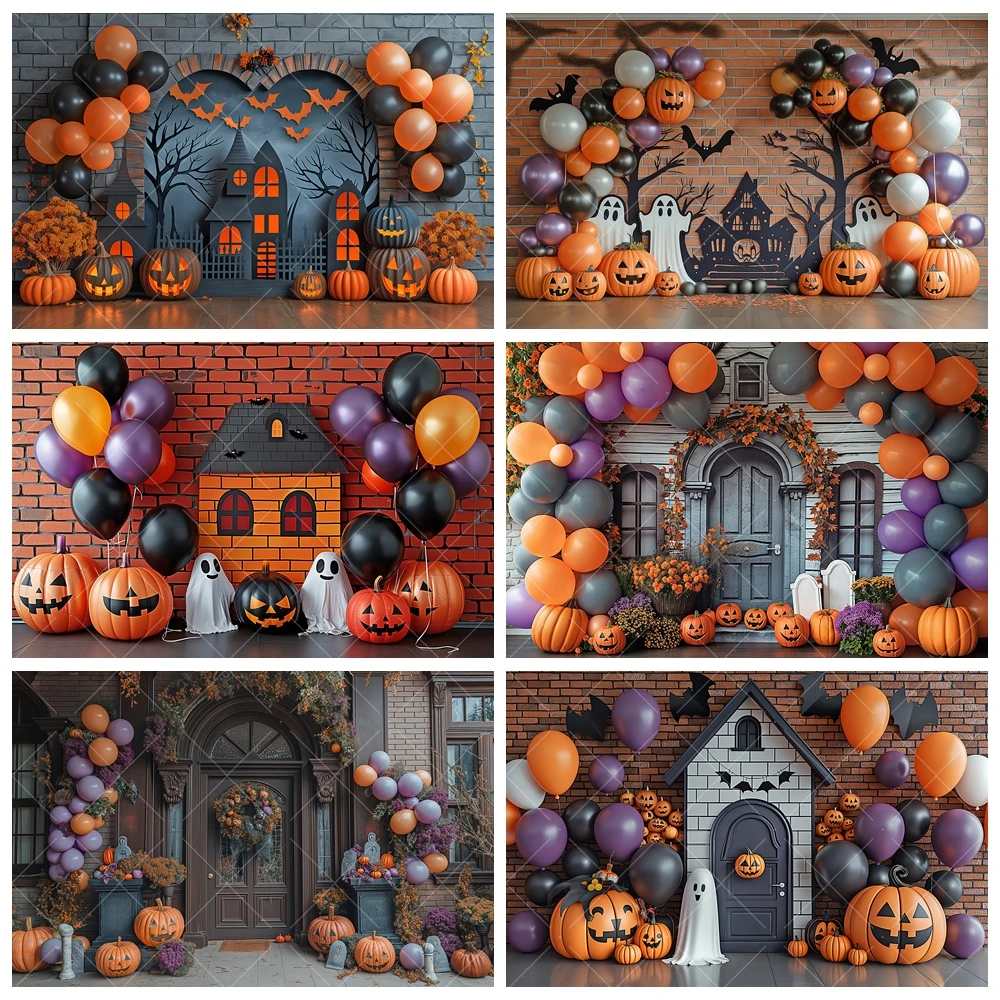 Halloween Photography Background Custom Orange Balloon Pumpkins Family Party Banner Kids Birthday Portrait Backdrop Photo Studio